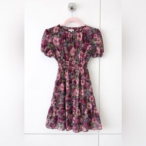 Monteau Girl Floral Dress Size 10 Purple Puff Sleeve Smocked Waist